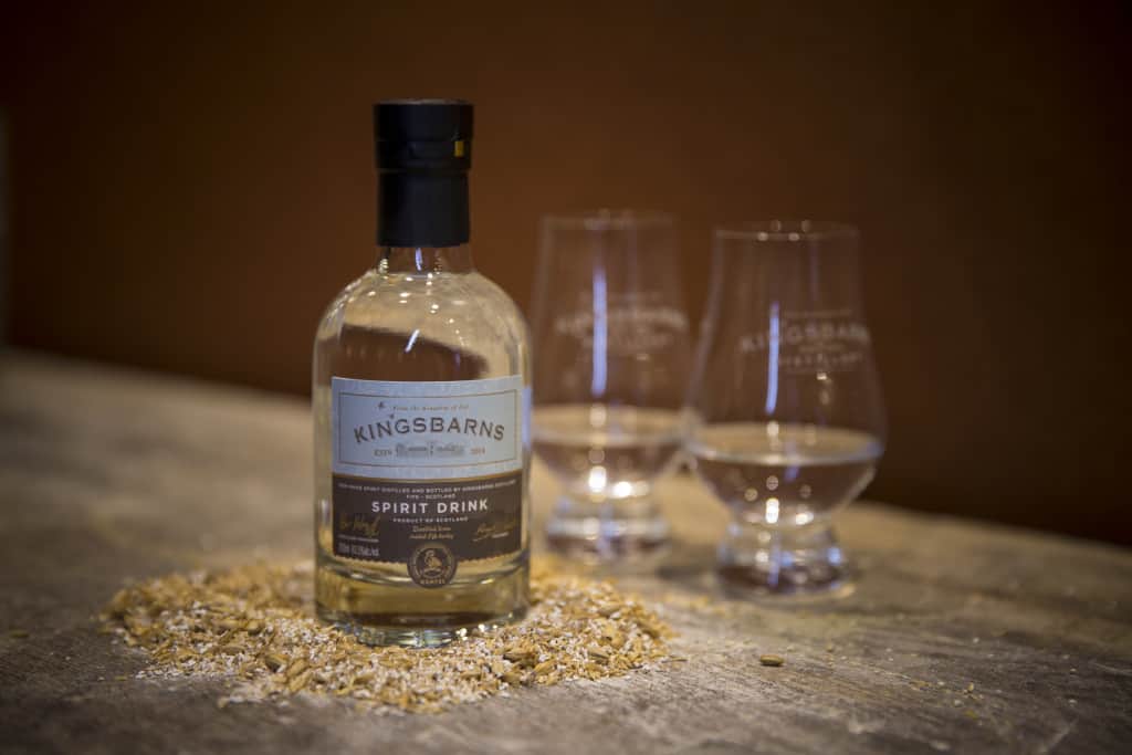 Kingsbarns New Make Spirit with barley and glasses